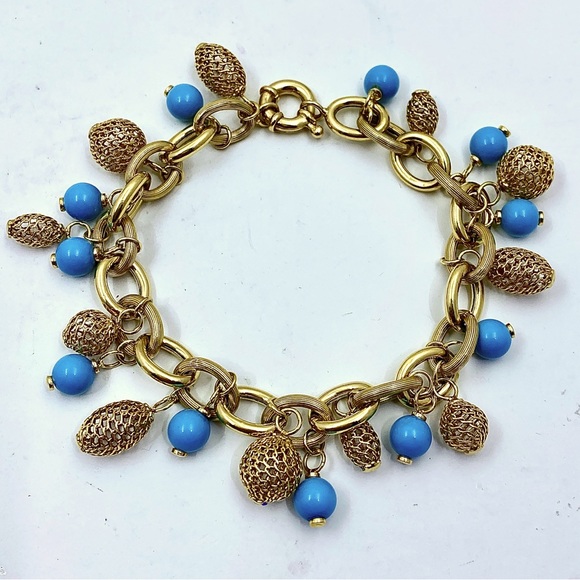 14K Yellow Gold And Turquoise Charm Bracelet - Picture 2 of 4